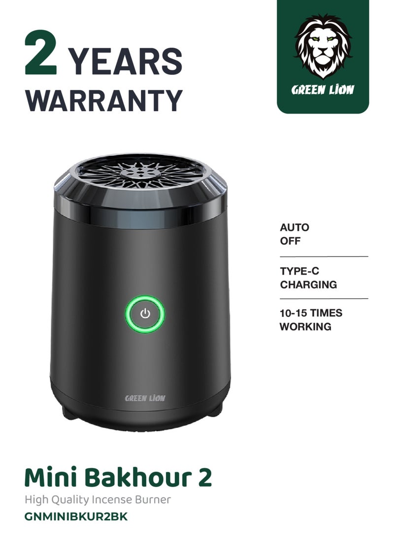 GREEN LION Mini Bakhour 2 Rechargable Incense Burner / Bukhour / Luxury Scent  / Auto Off Feature / Type-C Charging / Compact & Portable / 10-15 Times Working Capacity / Accompanied by Fragrance / 2000mAh Battery - Black - Image 1