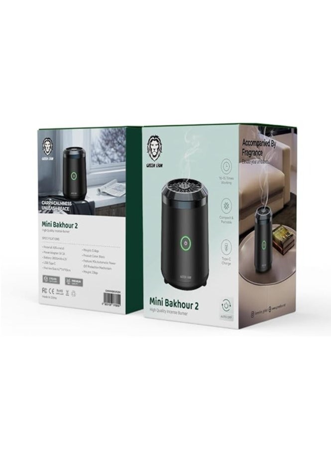 Mini Bakhour 2 Rechargable Incense Burner / Bukhour / Luxury Scent  / Auto Off Feature / Type-C Charging / Compact & Portable / 10-15 Times Working Capacity / Accompanied by Fragrance / 2000mAh Battery - Black