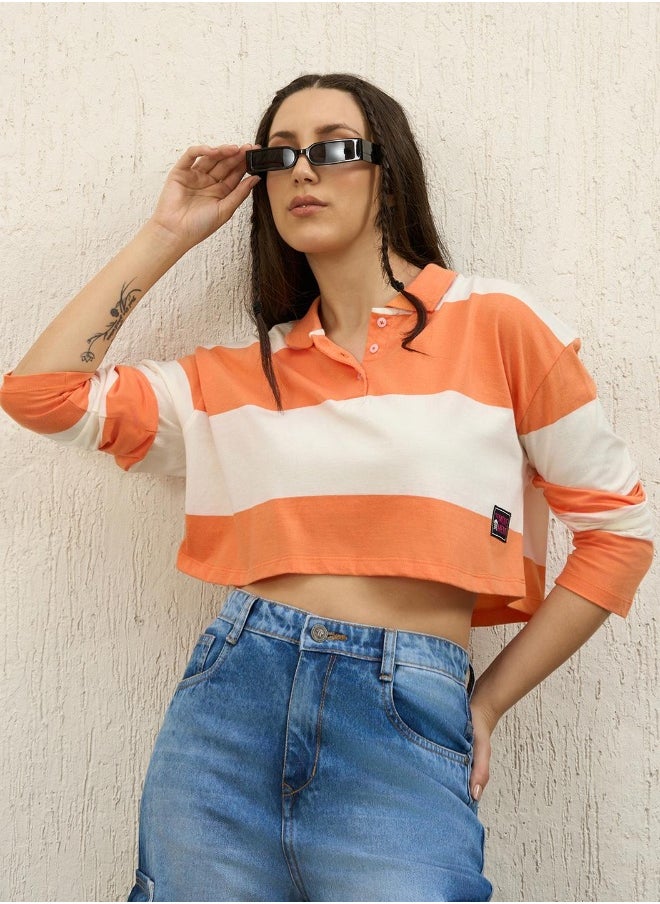Hubberholme Women Orange Cropped Boxy Full Sleeve T-Shirt - Trendy Casual Wear  - Image 1