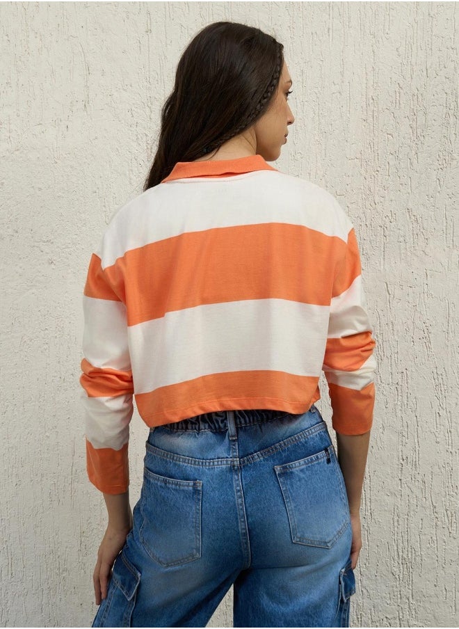 Hubberholme Women Orange Cropped Boxy Full Sleeve T-Shirt - Trendy Casual Wear  - Image 2
