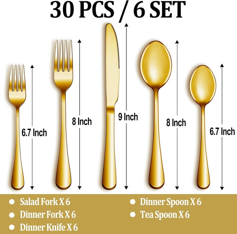 MUTNITT 30 Pcs Gold Silverware Set Service for 6 Premium Stainless Steel Flatware Set Cutlery Utensil Set Durable Home Kitchen Eating Tableware Set Include Fork Knife Spoon Set Dishwasher Safe - Image 2