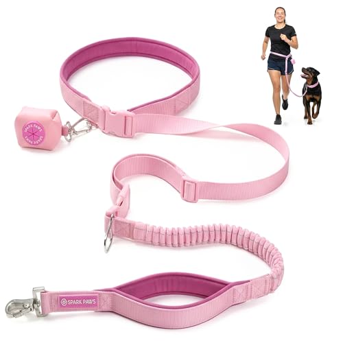 Spark Paws Handsfree Dog Leash Shock Absorbing Waist Bungee Lead for Running Car Seatbelt Clip Poop Bag Set Heavy Duty Tactical Lead for Medium Large XLarge Breeds Pink - Image 1