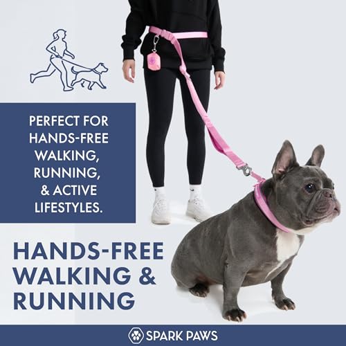 Spark Paws Handsfree Dog Leash Shock Absorbing Waist Bungee Lead for Running Car Seatbelt Clip Poop Bag Set Heavy Duty Tactical Lead for Medium Large XLarge Breeds Pink - Image 3
