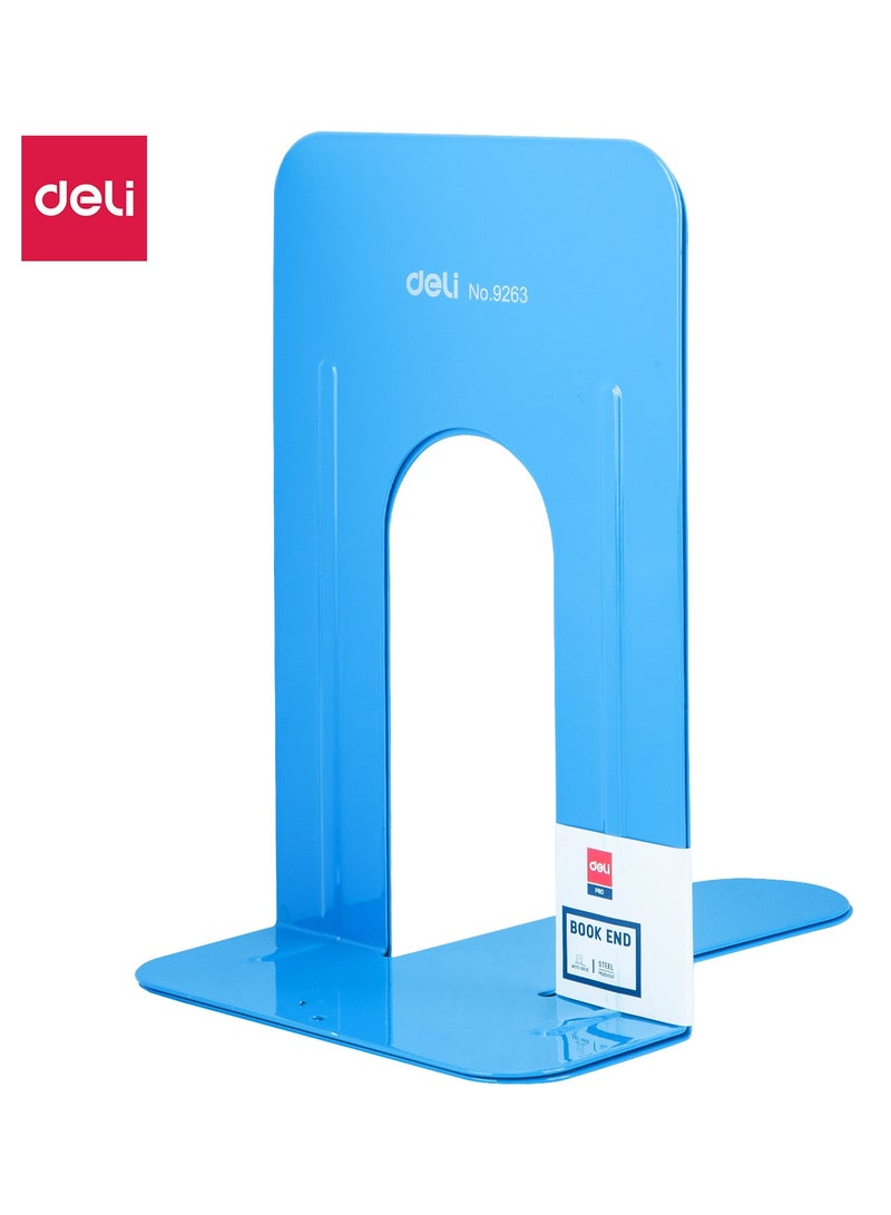 Deli E9263 Heavy-Duty Steel Bookend, 9", Blue, Durable Steel Construction, Non-Skid Padded Base, Anti-Corrosion Powder-Coated Surface - Image 1