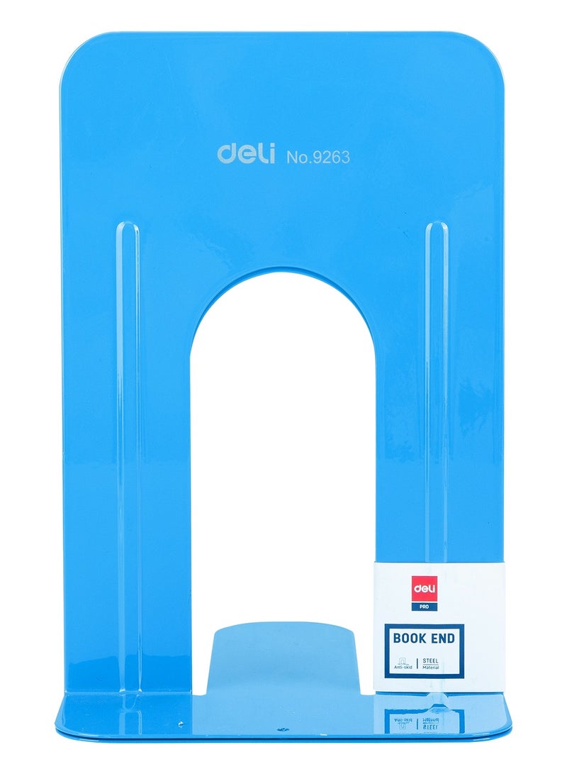 Deli E9263 Heavy-Duty Steel Bookend, 9", Blue, Durable Steel Construction, Non-Skid Padded Base, Anti-Corrosion Powder-Coated Surface - Image 2