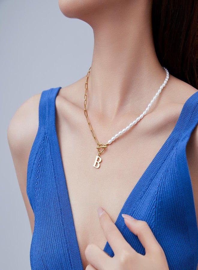 VQYSKO Initial Pearl Pendant Necklace for Women, 14K Gold Plated Paperclip Link Chain Necklace Choker Toggle Clasp Necklace Dainty Pearl Chain Necklace (S, Gold) - Image 4