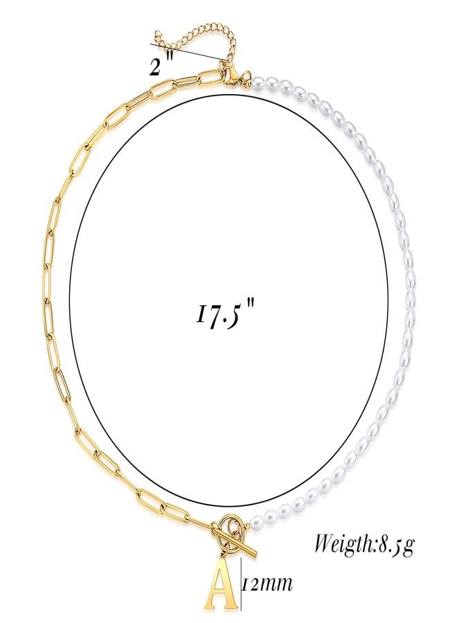 VQYSKO Initial Pearl Pendant Necklace for Women, 14K Gold Plated Paperclip Link Chain Necklace Choker Toggle Clasp Necklace Dainty Pearl Chain Necklace (S, Gold) - Image 5