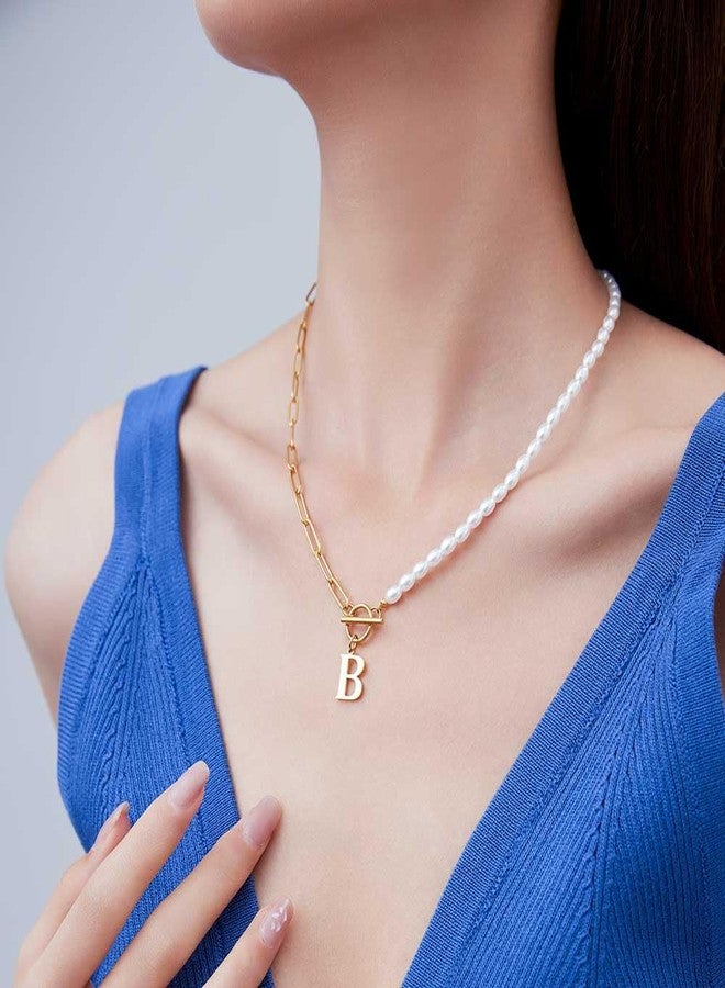 VQYSKO Initial Pearl Pendant Necklace for Women, 14K Gold Plated Paperclip Link Chain Necklace Choker Toggle Clasp Necklace Dainty Pearl Chain Necklace (S, Gold) - Image 2