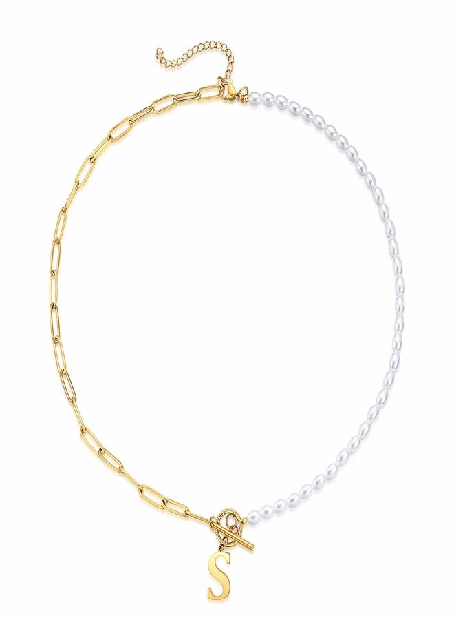 VQYSKO Initial Pearl Pendant Necklace for Women, 14K Gold Plated Paperclip Link Chain Necklace Choker Toggle Clasp Necklace Dainty Pearl Chain Necklace (S, Gold) - Image 1
