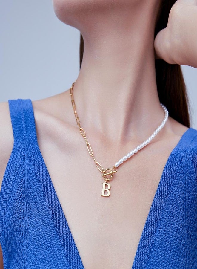 VQYSKO Initial Pearl Pendant Necklace for Women, 14K Gold Plated Paperclip Link Chain Necklace Choker Toggle Clasp Necklace Dainty Pearl Chain Necklace (S, Gold) - Image 3