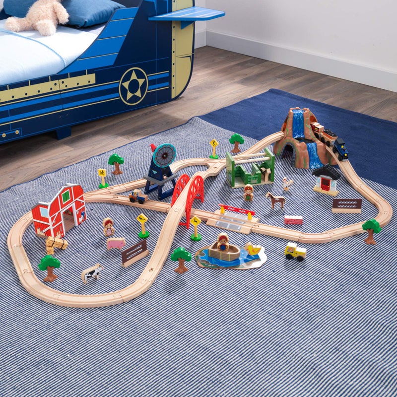 KidKraft مجموعة قطار المزرعة الريفية الخشبية من كيدكرافت مع 75 قطعة، مجموعة ألعاب سيارات للأطفال، هدية للأعمار من 3 سنوات فما فوق - Image 3