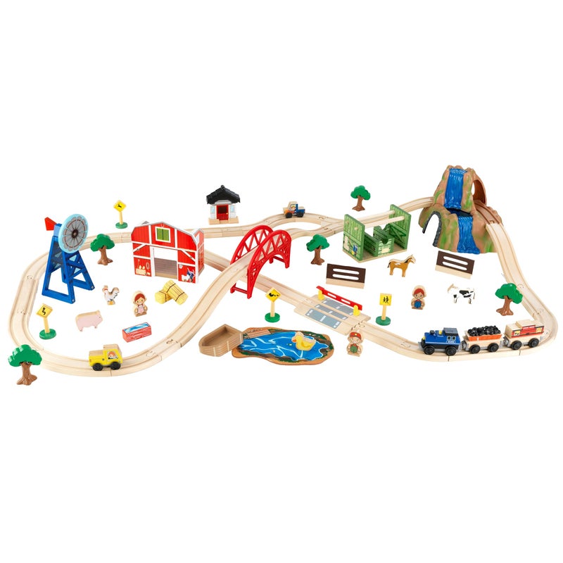 KidKraft مجموعة قطار المزرعة الريفية الخشبية من كيدكرافت مع 75 قطعة، مجموعة ألعاب سيارات للأطفال، هدية للأعمار من 3 سنوات فما فوق - Image 1
