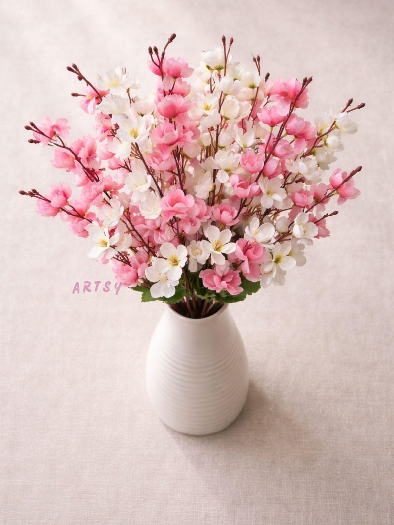 ARTSY® Artificial Flowers Bunch for Decoration Cherry Blossom, Ideal for vase, Home, Office Decor, Gifts, Craft, Artificial Plants for Decoration, Without vase, White Pink, Combo, 2 Pieces - Image 3