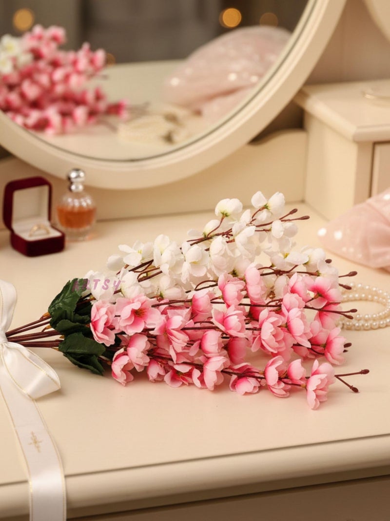 ARTSY® Artificial Flowers Bunch for Decoration Cherry Blossom, Ideal for vase, Home, Office Decor, Gifts, Craft, Artificial Plants for Decoration, Without vase, White Pink, Combo, 2 Pieces - Image 5