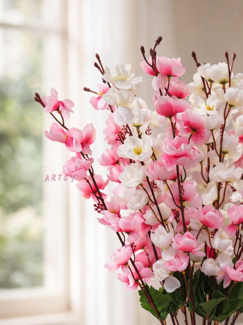 ARTSY® Artificial Flowers Bunch for Decoration Cherry Blossom, Ideal for vase, Home, Office Decor, Gifts, Craft, Artificial Plants for Decoration, Without vase, White Pink, Combo, 2 Pieces - Image 4