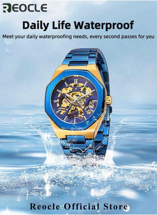 REOCLE - Men's Watch Automatic Mechanical Watch with Skeleton Luxury Dial & Stainless Steel Strap & Luminous Hands & Everyday Water Resistance Business Skeleton Wrist Watch - Image 1