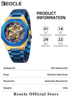 REOCLE Men's Watch Automatic Mechanical Watch with Skeleton Luxury Dial & Stainless Steel Strap & Luminous Hands & Everyday Water Resistance Business Skeleton Wrist Watch  - Image 5