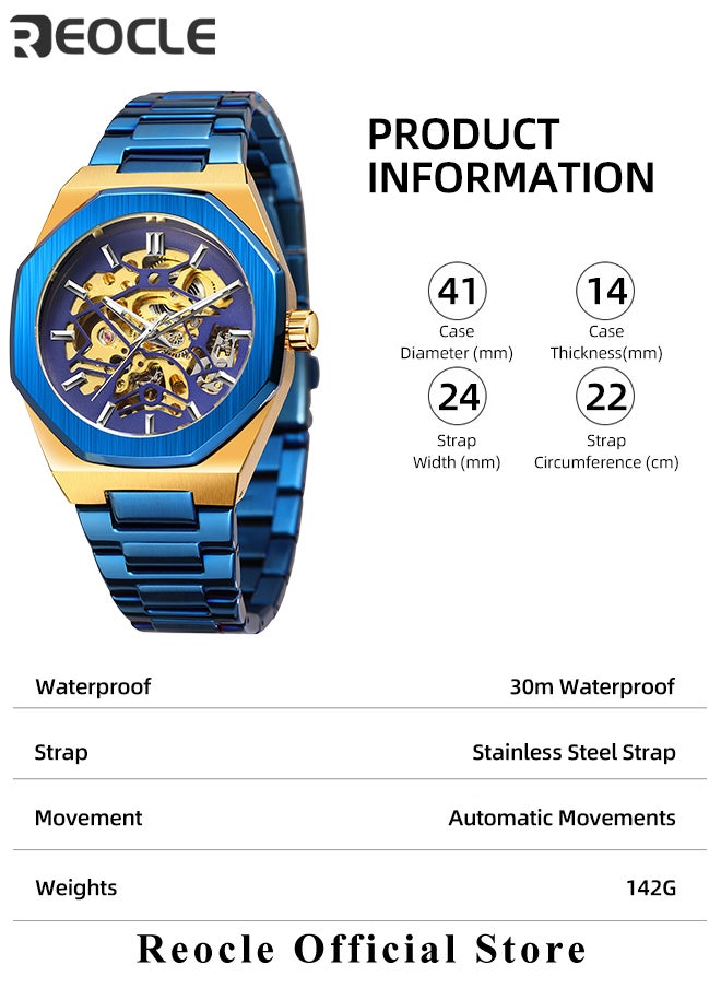 REOCLE - Men's Watch Automatic Mechanical Watch with Skeleton Luxury Dial & Stainless Steel Strap & Luminous Hands & Everyday Water Resistance Business Skeleton Wrist Watch - Image 1