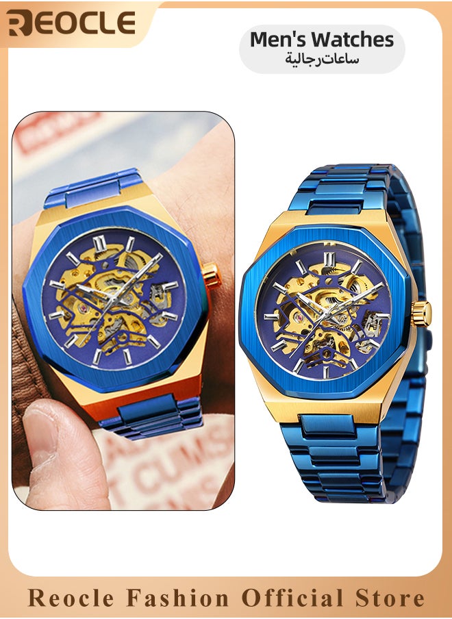 REOCLE - Men's Watch Automatic Mechanical Watch with Skeleton Luxury Dial & Stainless Steel Strap & Luminous Hands & Everyday Water Resistance Business Skeleton Wrist Watch - Image 1