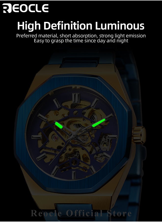 REOCLE - Men's Watch Automatic Mechanical Watch with Skeleton Luxury Dial & Stainless Steel Strap & Luminous Hands & Everyday Water Resistance Business Skeleton Wrist Watch - Image 1