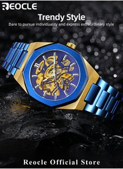 REOCLE Men's Watch Automatic Mechanical Watch with Skeleton Luxury Dial & Stainless Steel Strap & Luminous Hands & Everyday Water Resistance Business Skeleton Wrist Watch  - Image 3