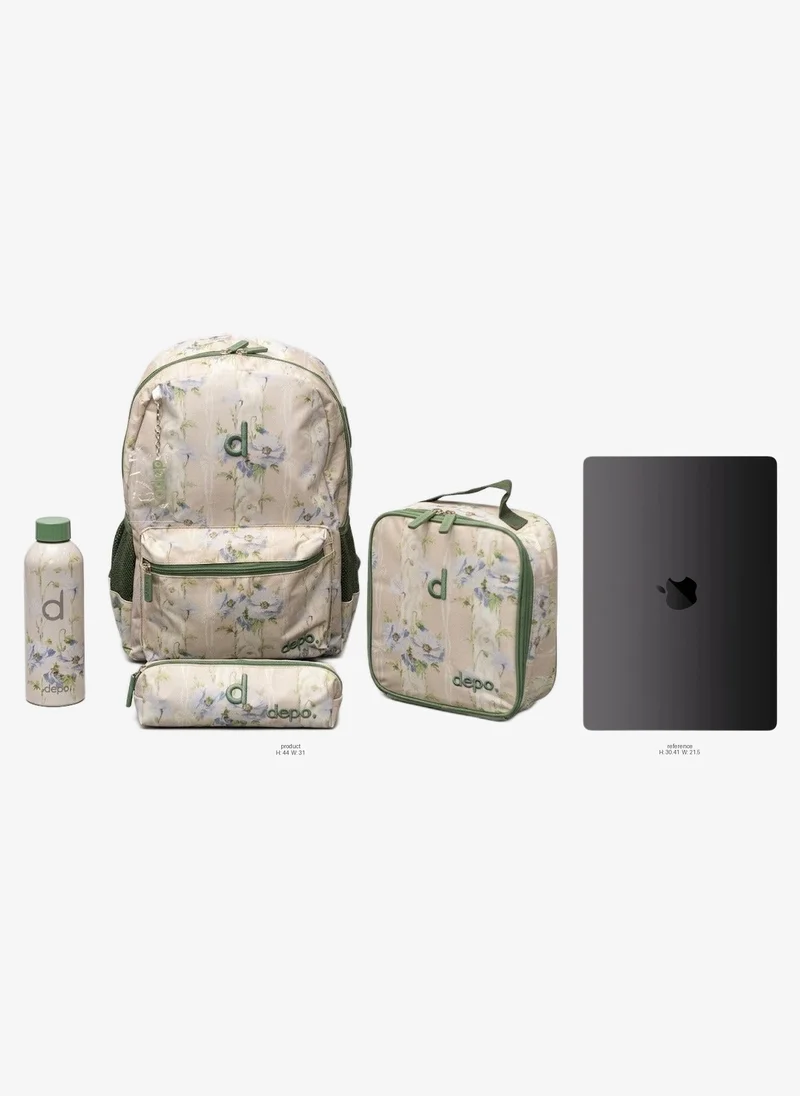 Depo DEPO Beige & Sage Green Wildflower Print 4-Piece School Backpack Set – 44cm Backpack, Insulated Lunch Bag, Pencil Case & 500ml BPA-Free Water Bottle | Lightweight & Water-Resistant