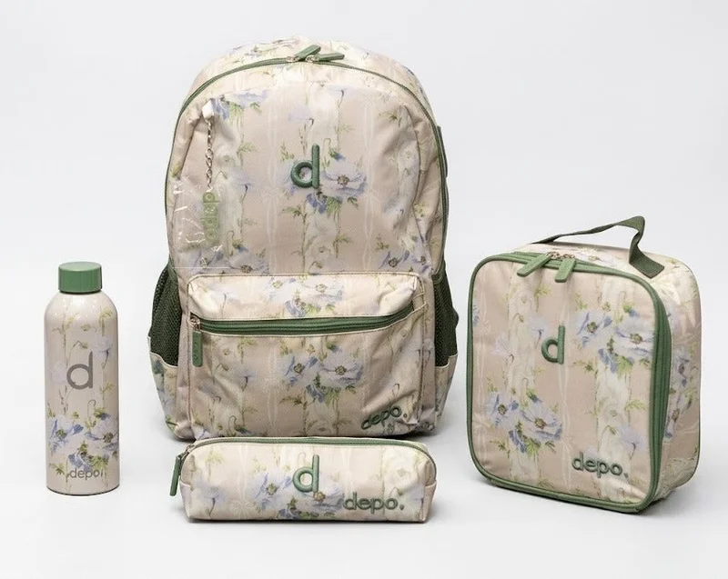 Depo DEPO Beige & Sage Green Wildflower Print 4-Piece School Backpack Set – 44cm Backpack, Insulated Lunch Bag, Pencil Case & 500ml BPA-Free Water Bottle | Lightweight & Water-Resistant