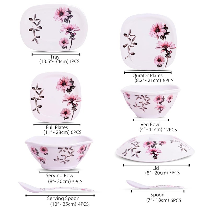 HomePro 41 Pieces Melamine Dinner Set Tulips Elegant Stain Resistant Beautiful Pink Floral Design Crockery Dinnerware in Exclusive Square Shape Set for Your Home Kitchen and Gifting - Image 3