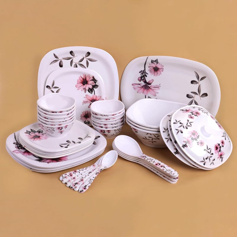 HomePro 41 Pieces Melamine Dinner Set Tulips Elegant Stain Resistant Beautiful Pink Floral Design Crockery Dinnerware in Exclusive Square Shape Set for Your Home Kitchen and Gifting - Image 4