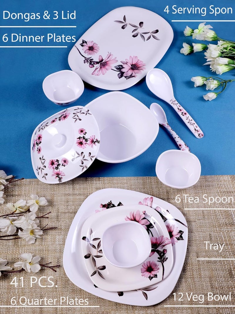 HomePro 41 Pieces Melamine Dinner Set Tulips Elegant Stain Resistant Beautiful Pink Floral Design Crockery Dinnerware in Exclusive Square Shape Set for Your Home Kitchen and Gifting - Image 2