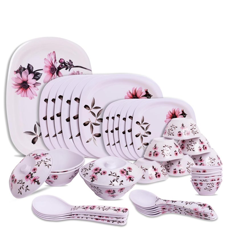HomePro 41 Pieces Melamine Dinner Set Tulips Elegant Stain Resistant Beautiful Pink Floral Design Crockery Dinnerware in Exclusive Square Shape Set for Your Home Kitchen and Gifting - Image 1