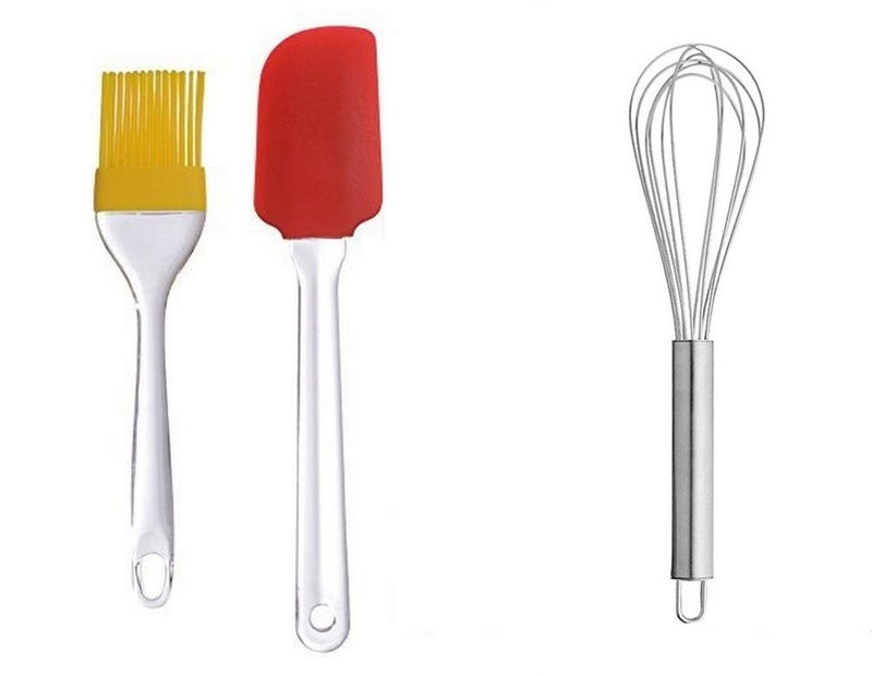 SHOPEE Combo Silicone Spatula and Pastry Brush Set Stainless Steel Hand Whisk Egg Frother Stainless Steel French Whip Handle Milk Egg Beater Whisk Shaker Frother 9INCH - Image 1