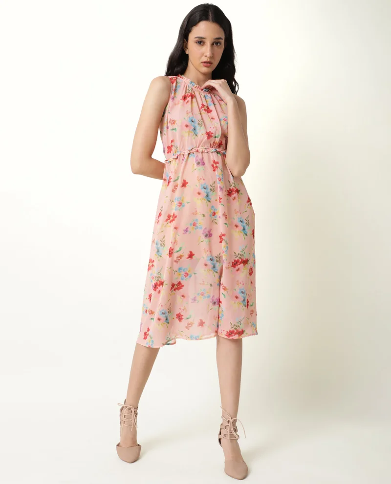 Rareism Women's Floral Print Short Satin Dress