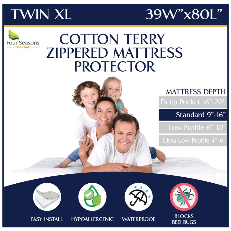 Four Seasons Essentials Twin Extra Long XL Mattress Protector  Zippered Waterproof Mattress Cover  Hypoallergenic Dust Allergen Proof Encasement  Deep Pocket Cotton Terry Top 