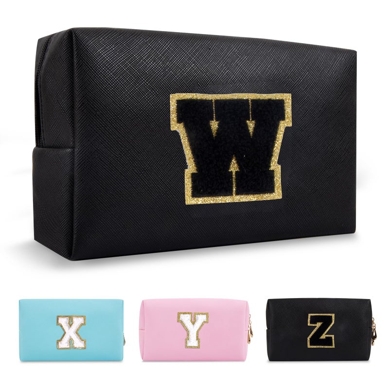 ChaoGreat Personalized Initial A-Z Preppy Patch Makeup Bag Small Pu Chenille Letter Cosmetic Bag With Zipper For Teen Girls Black Cute Toiletry Organizer Bag Monogram Makeup Case Gift For Women Girls Letter W - Image 1
