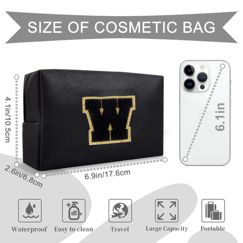 ChaoGreat Personalized Initial A-Z Preppy Patch Makeup Bag Small Pu Chenille Letter Cosmetic Bag With Zipper For Teen Girls Black Cute Toiletry Organizer Bag Monogram Makeup Case Gift For Women Girls Letter W - Image 2