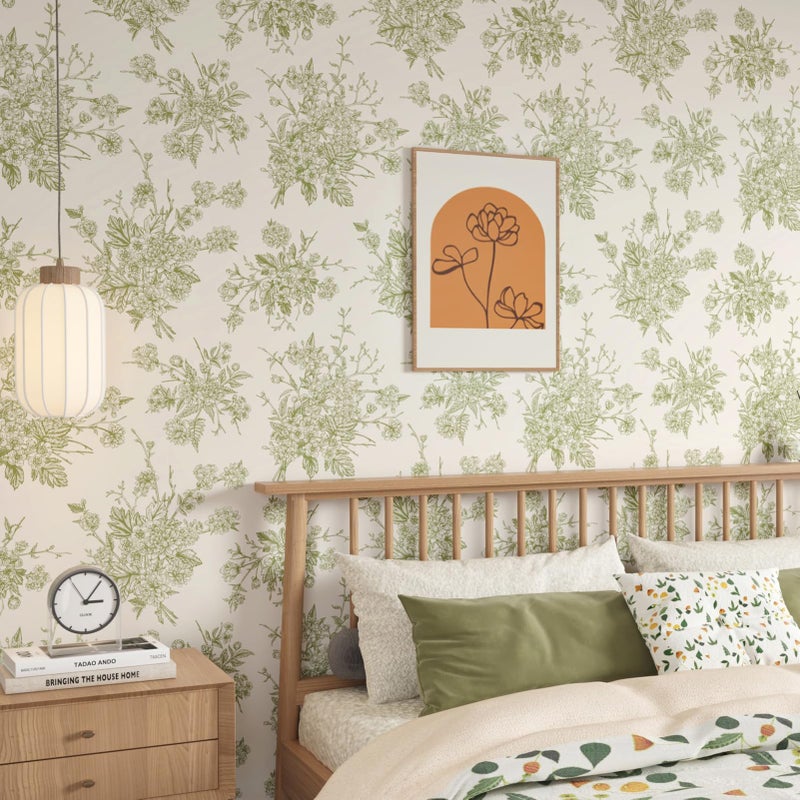 WESTICK Vintage Green Floral Wallpaper French Country Peel and Stick Green Floral Contact Paper for Bedroom Accent Wallpaper Removable Thick Neutral Cream Contact Paper for Walls Cabinets 17.5" x 100" - Image 2