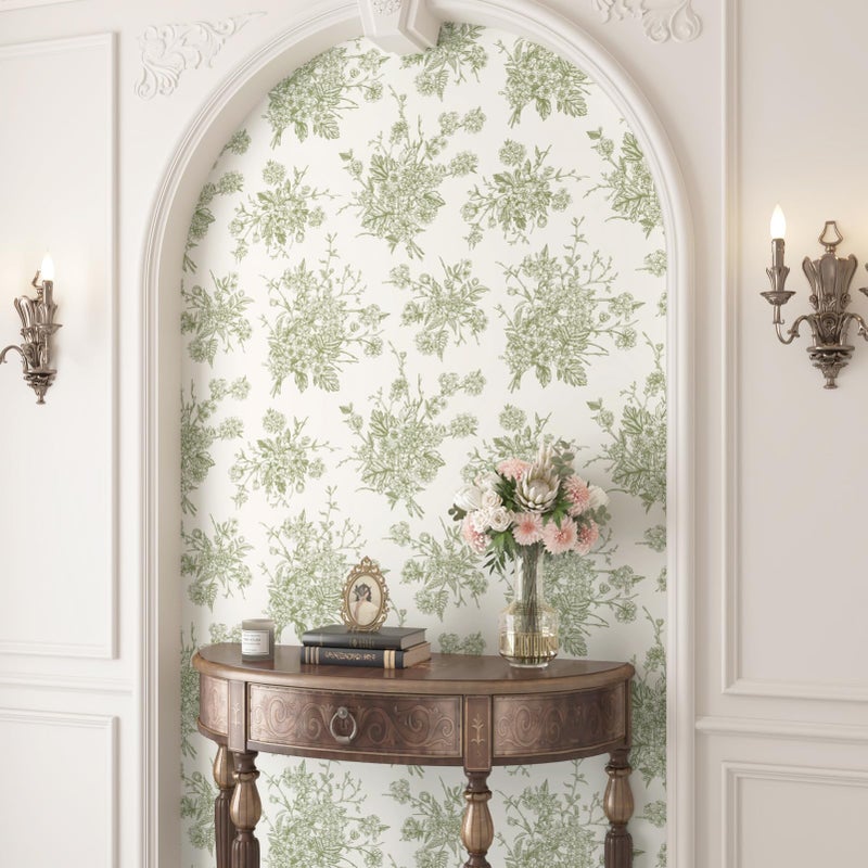 WESTICK Vintage Green Floral Wallpaper French Country Peel and Stick Green Floral Contact Paper for Bedroom Accent Wallpaper Removable Thick Neutral Cream Contact Paper for Walls Cabinets 17.5" x 100" - Image 3