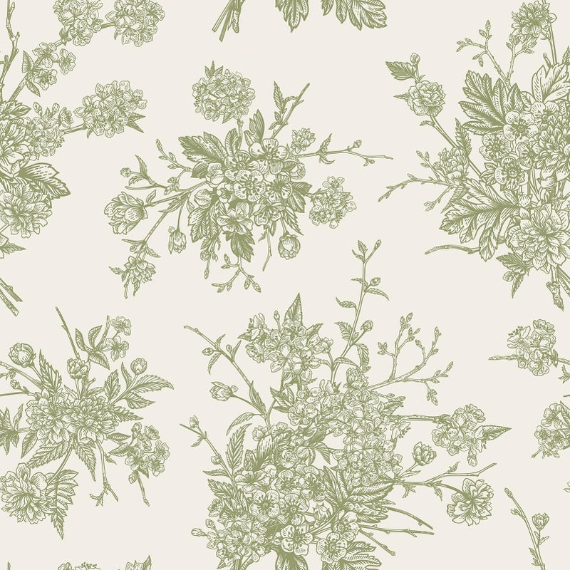 WESTICK Vintage Green Floral Wallpaper French Country Peel and Stick Green Floral Contact Paper for Bedroom Accent Wallpaper Removable Thick Neutral Cream Contact Paper for Walls Cabinets 17.5" x 100" - Image 1