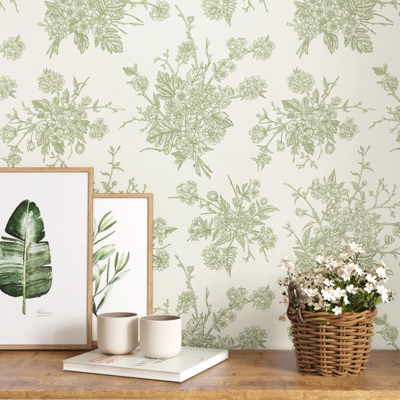 WESTICK Vintage Green Floral Wallpaper French Country Peel and Stick Green Floral Contact Paper for Bedroom Accent Wallpaper Removable Thick Neutral Cream Contact Paper for Walls Cabinets 17.5" x 100" - Image 5