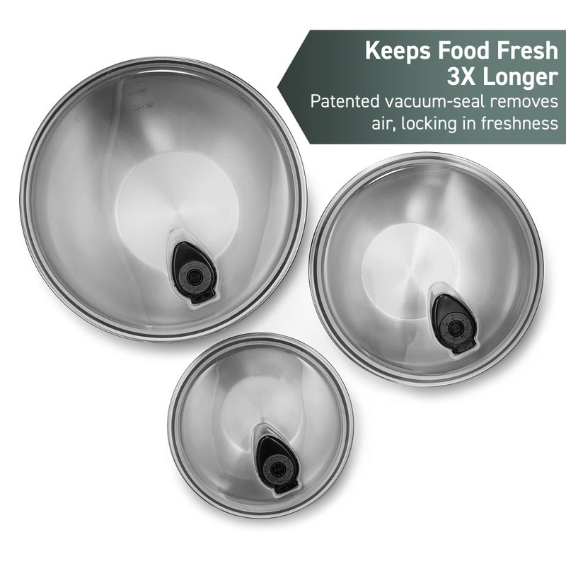 HexClad HexClad Stainless Steel Mixing Bowl Set, 3-Piece with Vacuum Seal Lids and Non-Slip Base, 1.3,3 and 5 Quarts  - Image 3