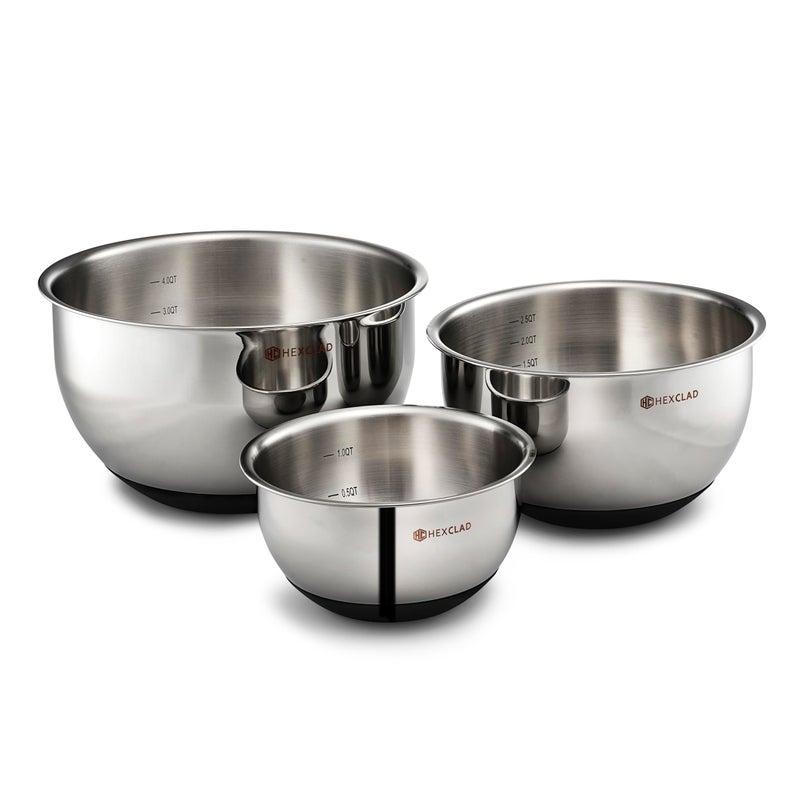 HexClad HexClad Stainless Steel Mixing Bowl Set, 3-Piece with Vacuum Seal Lids and Non-Slip Base, 1.3,3 and 5 Quarts  - Image 2