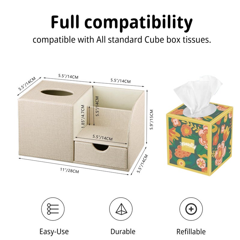 PUSU Nightstand Organizer with Tissue Holder,PU Leather Square Tissue Box Cover,Modern Facial Paper Organizer Storage Box for Remote Control,Bathroom,Vanity Countertop,End Table Home Office.Beige - Image 3