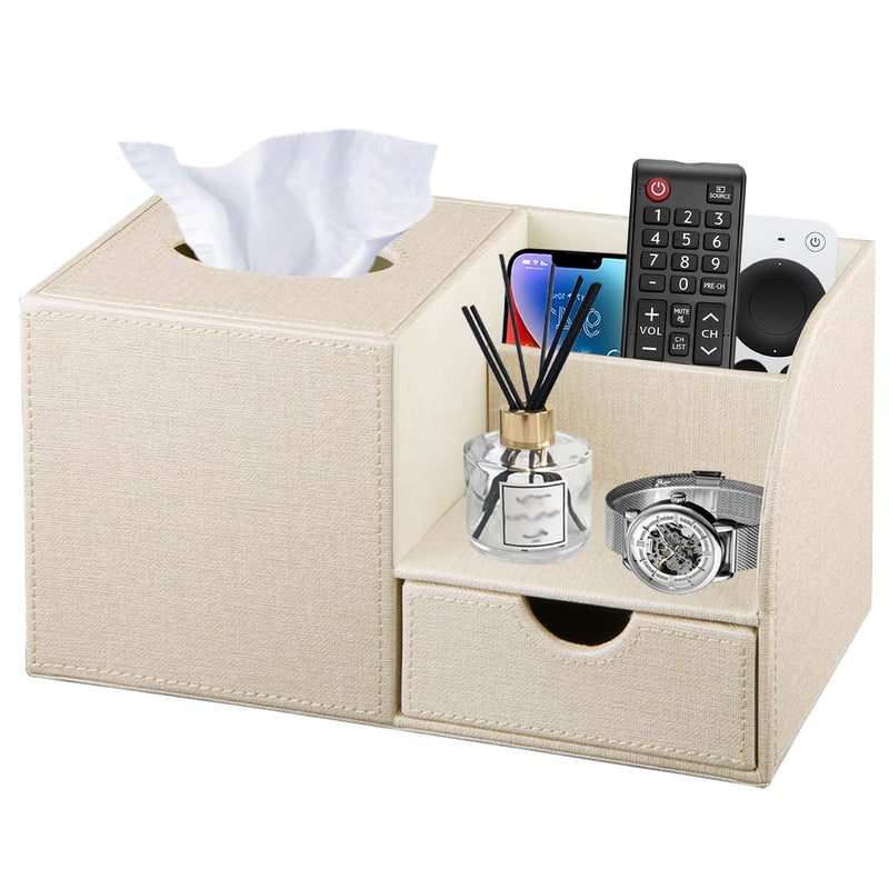 PUSU Nightstand Organizer with Tissue Holder,PU Leather Square Tissue Box Cover,Modern Facial Paper Organizer Storage Box for Remote Control,Bathroom,Vanity Countertop,End Table Home Office.Beige - Image 1