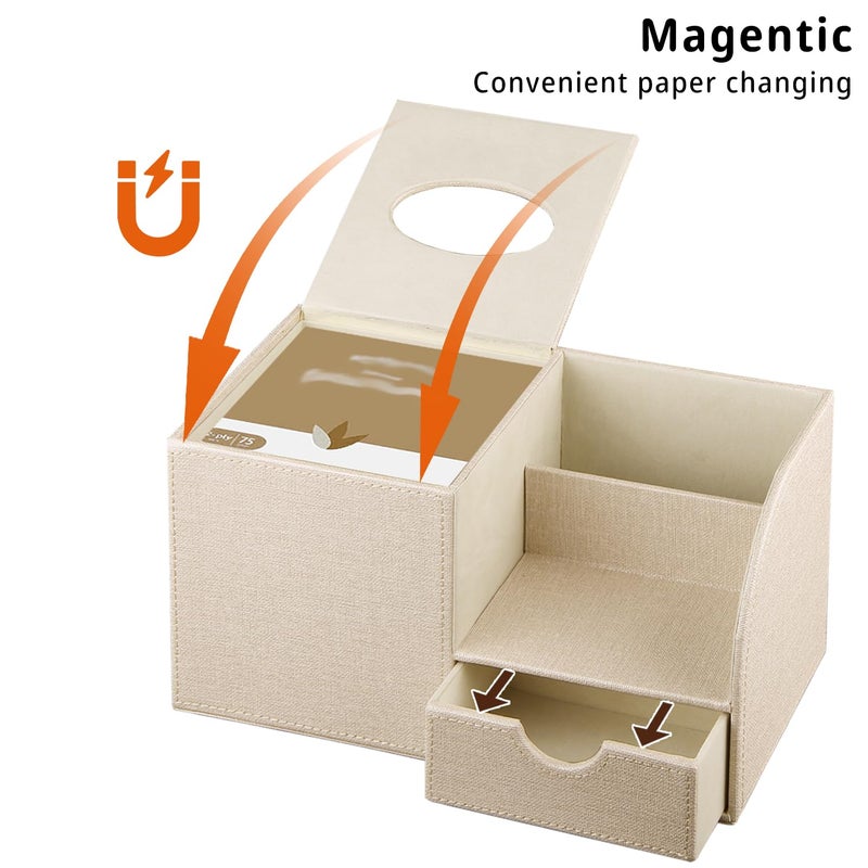 PUSU Nightstand Organizer with Tissue Holder,PU Leather Square Tissue Box Cover,Modern Facial Paper Organizer Storage Box for Remote Control,Bathroom,Vanity Countertop,End Table Home Office.Beige - Image 4