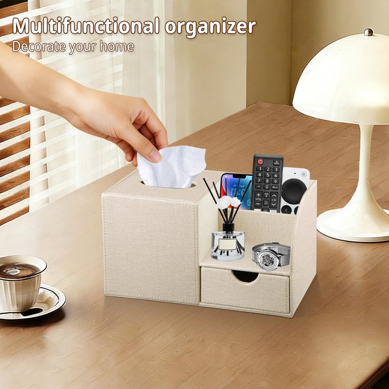 PUSU Nightstand Organizer with Tissue Holder,PU Leather Square Tissue Box Cover,Modern Facial Paper Organizer Storage Box for Remote Control,Bathroom,Vanity Countertop,End Table Home Office.Beige - Image 2