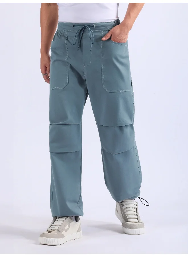 بيونغ بنطلون رياضي كارجو أزرق مدخن بطيات مزدوجة