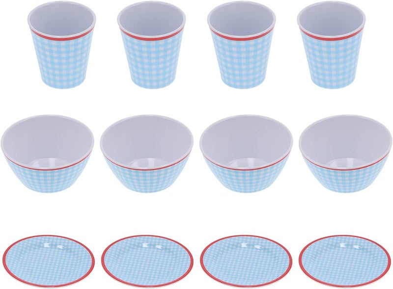 Light Blue Grid Dinnerware Set, 12Pcs Household Tableware, Melamine Cup Bowl Plate for Home Kitchen Restaurant, Elegant Style with 4 Cups 4 Bowls 4 Plates, Durable and Anti Scald - Image 1
