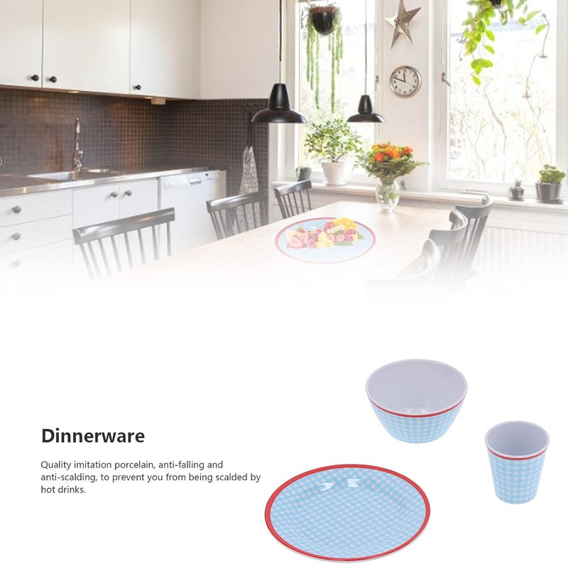 Light Blue Grid Dinnerware Set, 12Pcs Household Tableware, Melamine Cup Bowl Plate for Home Kitchen Restaurant, Elegant Style with 4 Cups 4 Bowls 4 Plates, Durable and Anti Scald - Image 5