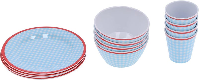 Light Blue Grid Dinnerware Set, 12Pcs Household Tableware, Melamine Cup Bowl Plate for Home Kitchen Restaurant, Elegant Style with 4 Cups 4 Bowls 4 Plates, Durable and Anti Scald - Image 2